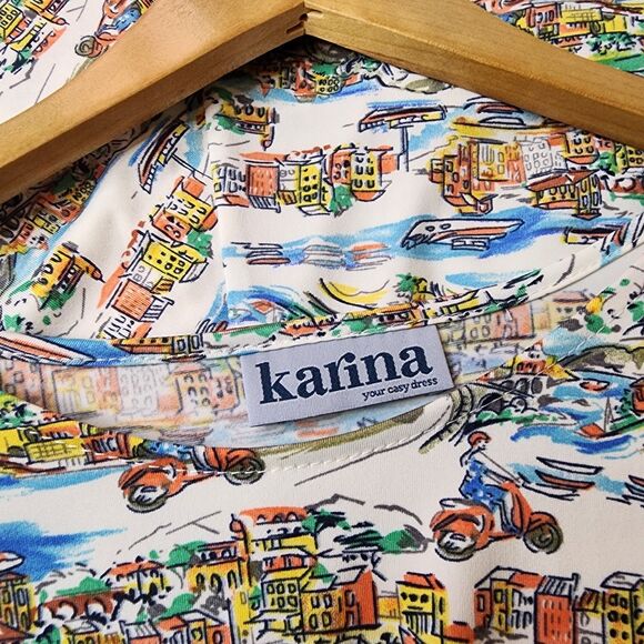 Vintage Karina Dress Italian Venice Scenic Print Vacation Boho Womens Large - Picture 7 of 16